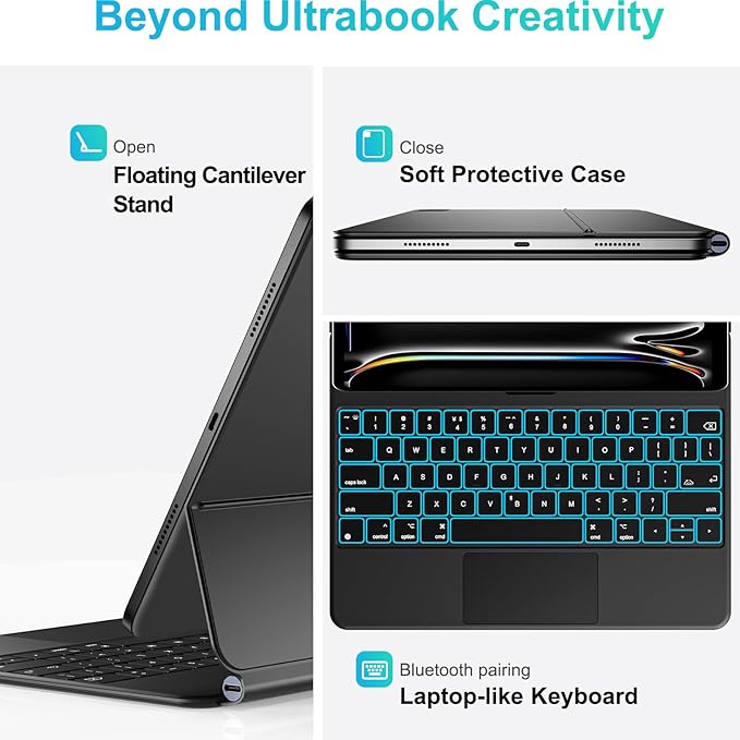 Keyboard Case for iPad Pro 11 Inch (M4) 2024, Ultra-Slim Magic Keyboard with Multi-Touch Trackpad, 7 Colors Backlight, Floating Cantilever Stand, BluetoothKeyboard for iPad Pro 11 M4, Black