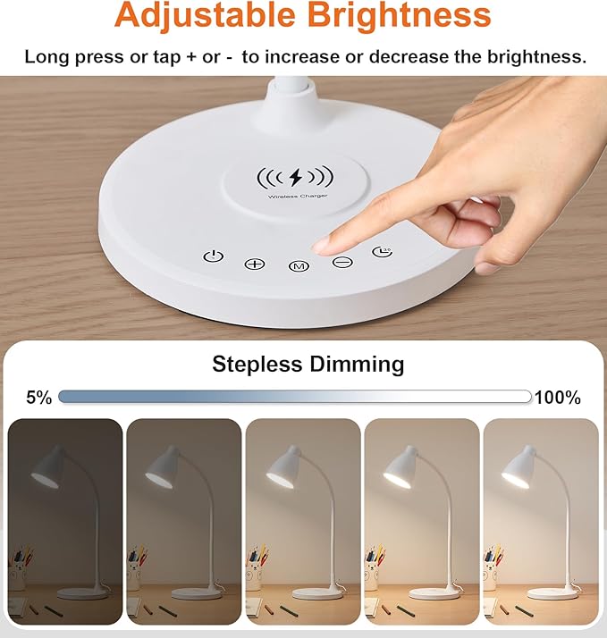 BOHON Desk Lamp for Home Office, LED Desk Light with USB C+A Charging Ports, Wireless Charger, 5 Colors Stepless Dimming Reading Light Timer, Touch Bedside Table Lamp for College Dorm Room White