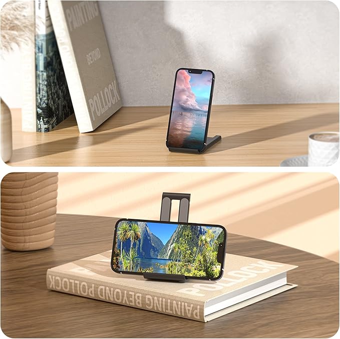 ESSAGER 2 Pack Cell Phone Stand, Adjustable Foldable Mini Mobile Phone Holder for Desk Compatible with iPhone/Kindles/Smartphones (White)