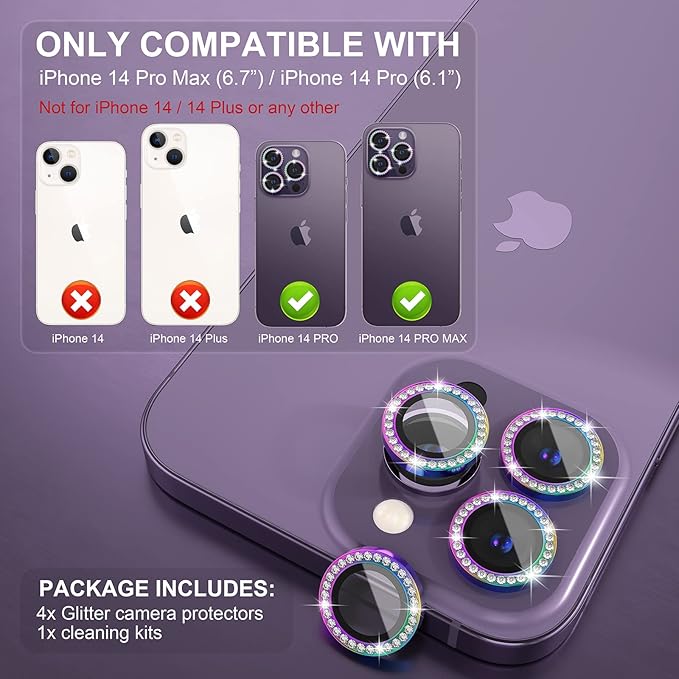 Choiche [3+1 for iPhone 14 Pro/iPhone 14 Pro Max Camera Lens Protector Bling, 9H Tempered Glass Camera Cover Screen Protector Metal Ring Decoration Accessories (Diamond-Colorful)