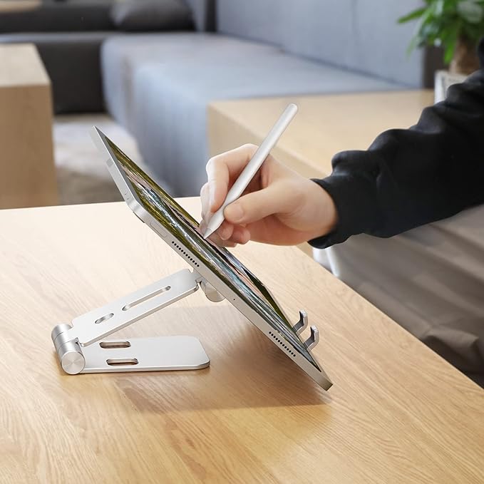 OMOTON Foldable Cell Phone Stand, C4 Portable Aluminum Phone Holder, Adjustable Phone Dock Cradle Compatible with iPhone 16/15/14/13 Pro Max, Samsung Galaxy, Small Tablets, All Smart Phones, Silver
