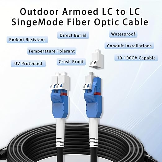 100M/328FT LC to LC Armored Outdoor Fiber Optic Cable, Single Mode Duplex 9/125μm SMF Fiber Patch Cord, OS1/OS2 Compatible, Black LSZH Jacket, Uniboot Jumper for FTTH, Data Center, Long-Distance Use