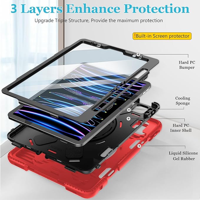 Case for iPad Pro 11 Inch 2022/2021/ 2020/2018: Silicone Cover for iPad 11 Inch 4th/ 3rd/ 2nd/ 1st/ Generation with Screen Protector- Stand- Handle- Shoulder Strap- Pencil Holder- Red