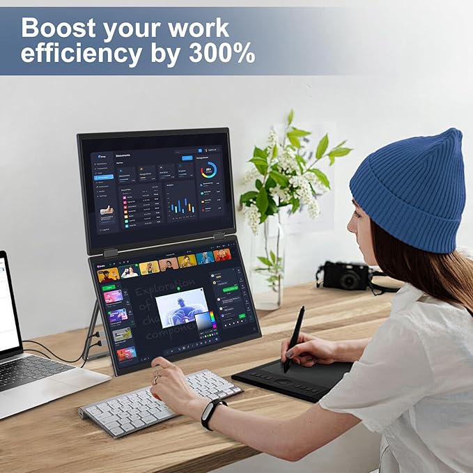 InnoView 15.6" Dual Portable Monitor 1920x1080P FHD 315°Adjustable Dual Stacked Foldable Monitor Built-in Speakers Screen Extender with HDMI/USB-C for Laptop Windows Mac