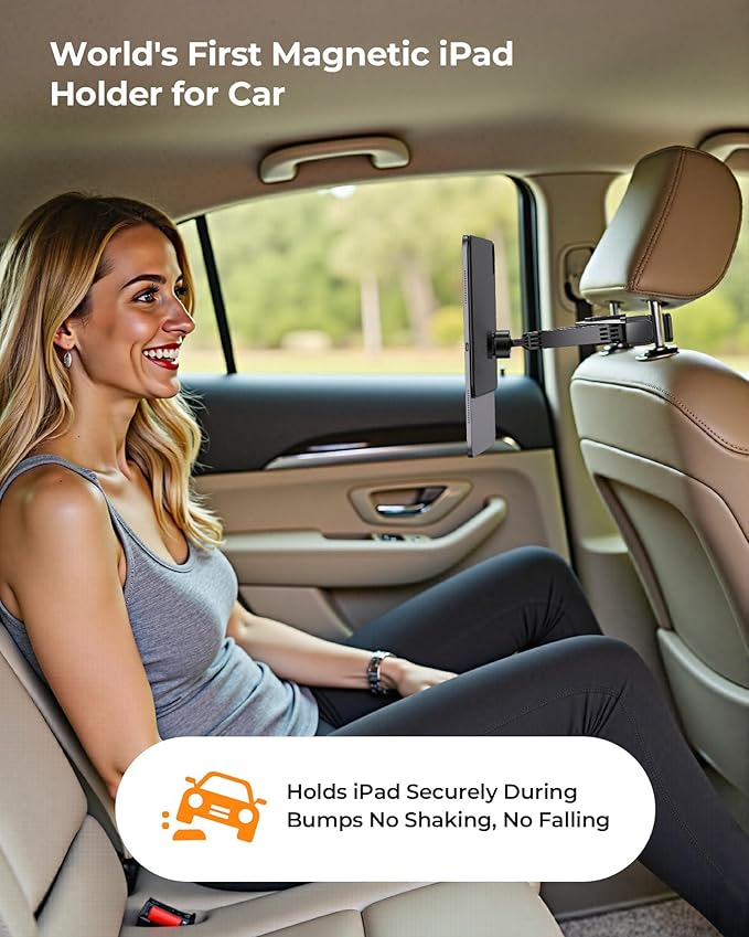 KU XIU Magnetic iPad Holder for Car Headrest,Backseat Tablet Car Mountfor iPad Pro 13" M4 (2024) Only,iPad Car Holder Back Seat Travel Accessories Long Road Trip Essentials for Kids