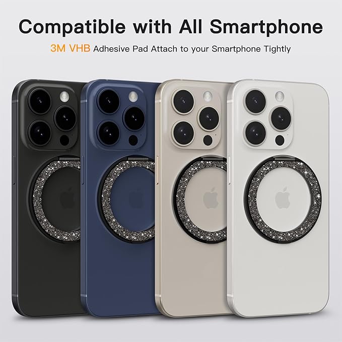 COOLQO 2Pcs 360 Spin Cell Grip Ring Phone Stand [Upgrade Gear Hinge Stress Relief] Magnetic Holders for Your car Accessories Desk Mount Compatible with iPhone All Smartphone, Glitter Black