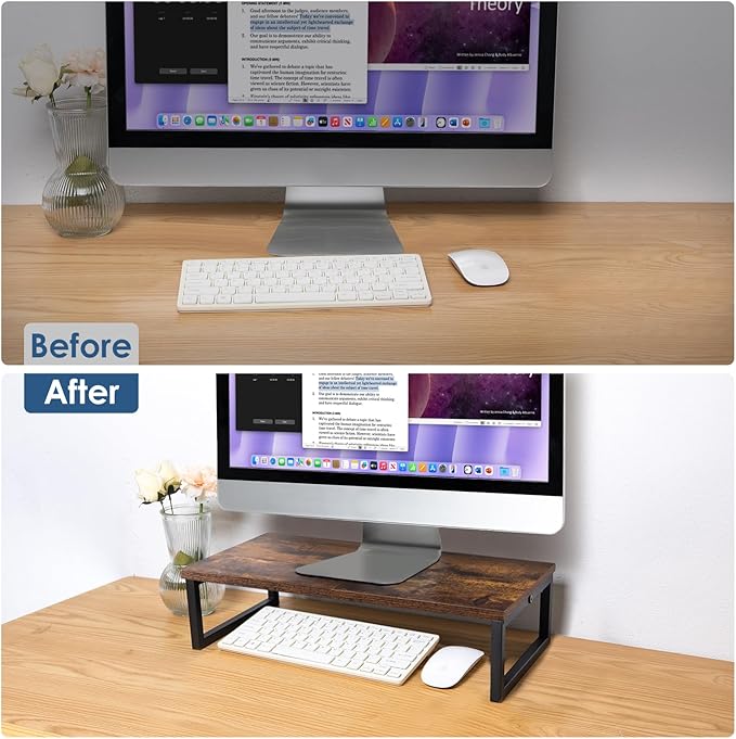 ARCOBIS 20 Inch Monitor Riser, Wood & Metal Computer Monitor Stand Riser for Desk, Rustic Brown