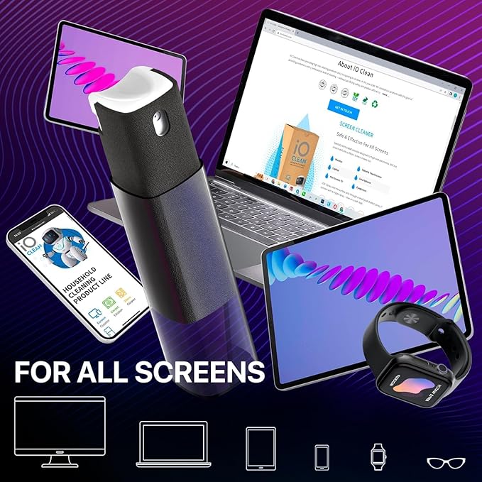 Mini Screen Cleaner Spray – Finger Proof Screen Cleaner for Smartphones, iPads, MacBooks, Laptops, Car Screens, Touchscreens – 3in1 Mist Cleaner, Microfiber Cloth and Cover (Dark Green)