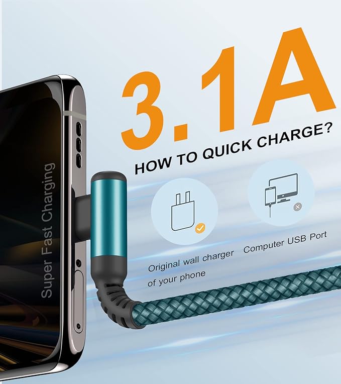 sweguard USB Type C Charger Cable Right Angle [2-Pack,3.3FT] iPhone 15 Charger Nylon Braided Cord for iPhone 16 15 Pro Max Samsung Galaxy S25 S24 S23 S22 S21 S20 S10 S9 Note A15 A55 Flip Pixel LG Moto