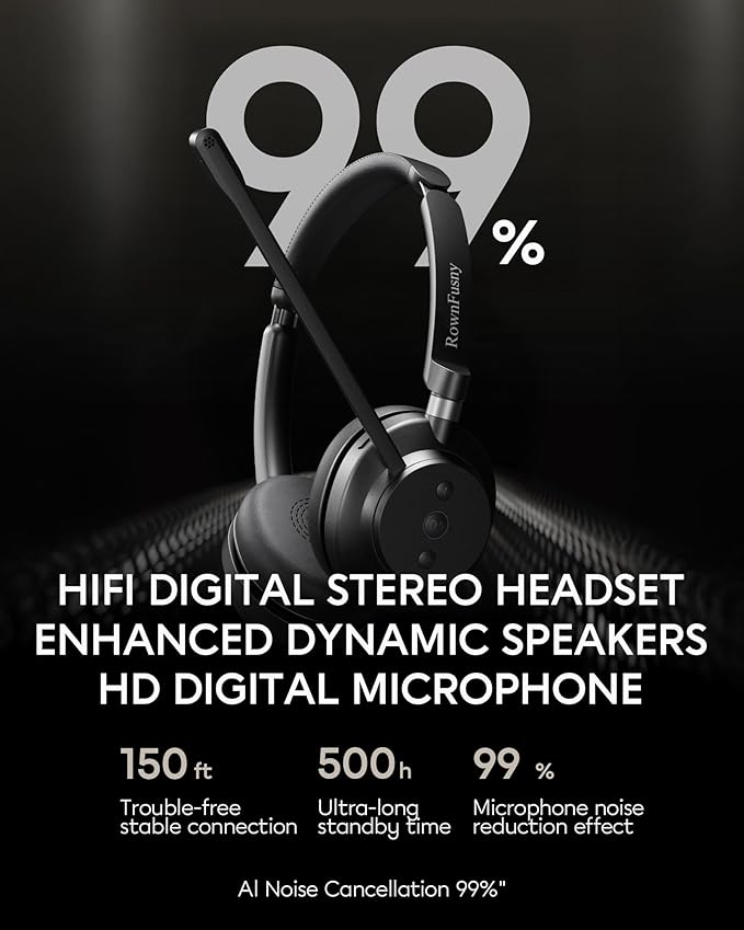 Wireless Headset with Mic for Work, Bluetooth 5.3, Advanced Noise Reduction Microphone, & HD Microphone & HiFi Stereo & Ultra Lightweight Comfortable Bluetooth Headphones for PC, Laptop, Phone,Zoom