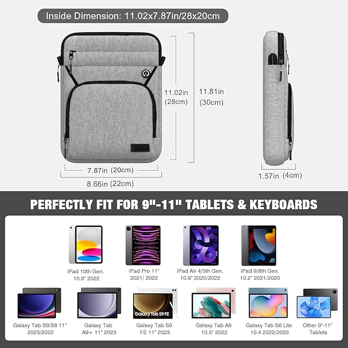 MoKo 9-11 Inch Tablet Sleeve Bag, Fits 11 inch iPad Air M3, iPad A16 2025, Pro 11 M4, 10/9/8/7th, Tab S8/S9 11, Multifunctional Bag with Shoulder and Headphone Port, Light Gray