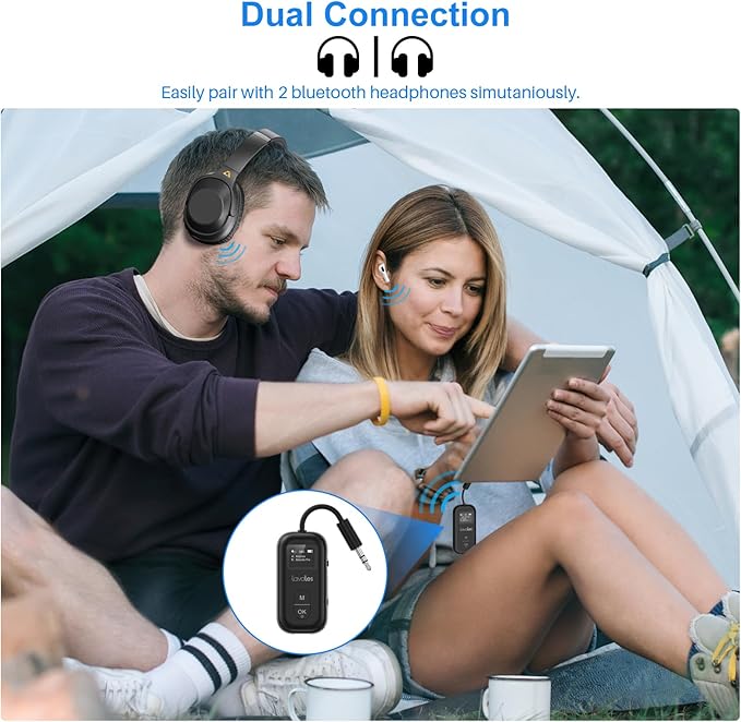 Bluetooth 5.3 Transmitter Receiver for Airplane to 2 Headphone – AptX Low Latency, 100ft Long Range, 25H Playtime, 2-in-1 Wireless Bluetooth Audio Adapter W/Screen for TV, Tablets, Speakers