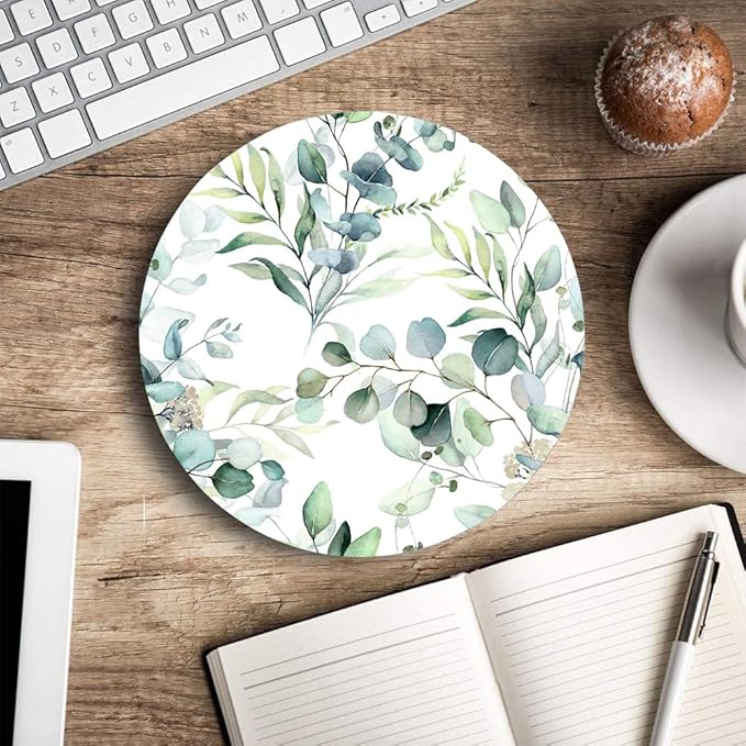 Mouse Pad, Cute Mousepad with Design, Round Grass Leaves Mat, Small Non-Slip Rubber Gaming Pads, Office Home Personalized Pad