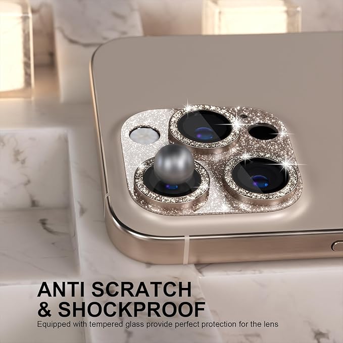 Choiche Compatible for iPhone 16 Pro/iPhone 16 Pro Max Camera Lens Protector, Bling Camera Cover with 9H Tempered Glass Lens Screen Protector Metal Ring Accessories (Glitter-Titanium Desert)