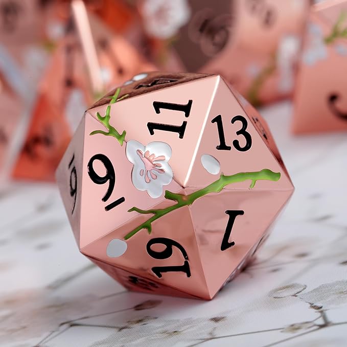 Metal Dice Set D&D, DNDND 7 PCS Flower Metallic DND Dice Set with Gorgeous Gift Case for Dungeons and Dragon Tabletop Game (Gold with White Flower)