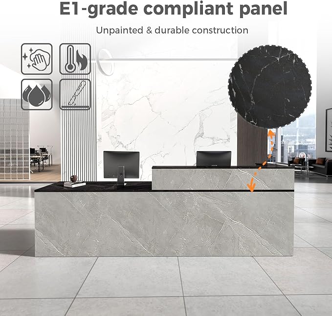 Reception Desk with Counter, Modern Front Desk Reception Counter with Keyboard Tray, Lockable Drawer and Storage Shelves for Office, Retail, Salon (Gray+Black/Left, 79" L*24" W*39" H)