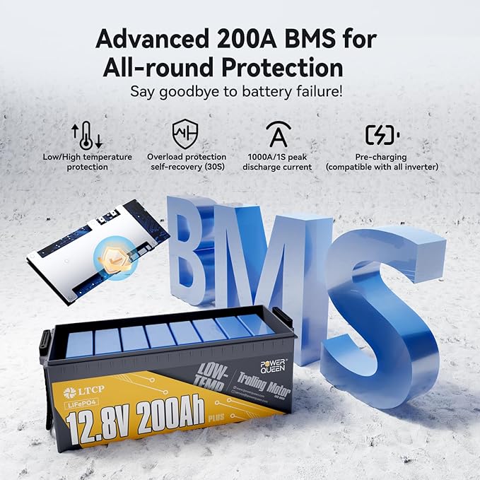 Power Queen 12V200Ah PLUS LiFePO4 Battery, Low Temperature Protection, Built-in 200A BMS, Max.2560W Load Power, Deep Cycle Battery for Trolling Motor, Marine, RV Camping, Off-grid Application