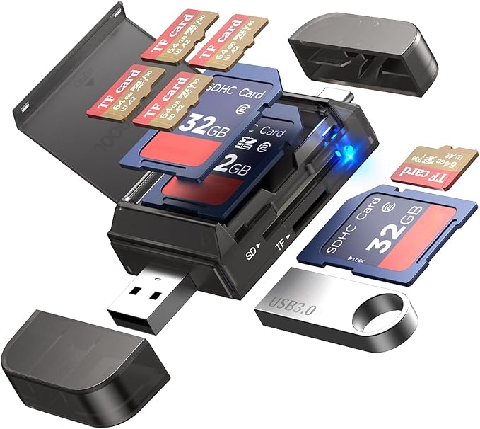 6-in-1 SD/TF Card Reader Adapter with USB A & Type C Port & USB 3.0 Slots for Micro SD/SDHC/SDXC/MMC Memory Cards, Compatible with PC, MacBook, Chromebook, Android Phone, i-Phone