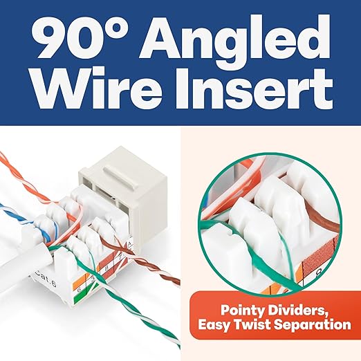 Everest 90° Angled RJ45 Cat6 Keystone Jacks 50-Pack in Light Almond | Slim Profile Female RJ45 Connectors | Cat 6 Keystone Jack | Compatible with 90° Angled Speed Termination Tool - easyJACK