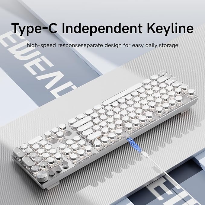 EWEADN Typewriter Style Mechanical Gaming Keyboard, Wired Mechanical Keyboards,104 Keys Backlit LED Keyboards, Media Control Knob, Wired Computer Keyboard Pink Switch for Windows/Mac/PC-White