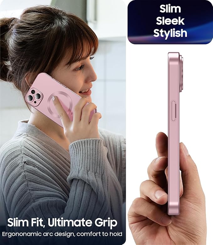 Magnetic for iPhone 13 Case [Compatible with MagSafe][Built-in Camera Lens Protector] Slim Soft Silicone Bumper Shockproof Metallic Luster Phone Case (Rose Gold)