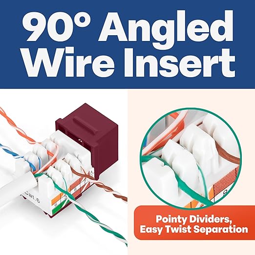 Everest 90° Angled RJ45 Cat6 Keystone Jacks 100-Pack in Red - Slim Profile Female RJ45 Connectors - Cat 6 Keystone Jack - Compatible with 90° Angled Speed Termination Tool - easyJACK (B094WB91H3)