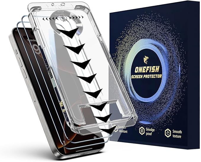 OneFish Screen Protector for Iphone 15, HD Clarity Tempered Glass Film 9H+ Hardness with Hassle-Free Installation Frame, Dust-Free Bubble-Free Anti-Fingerprint, 2Pack