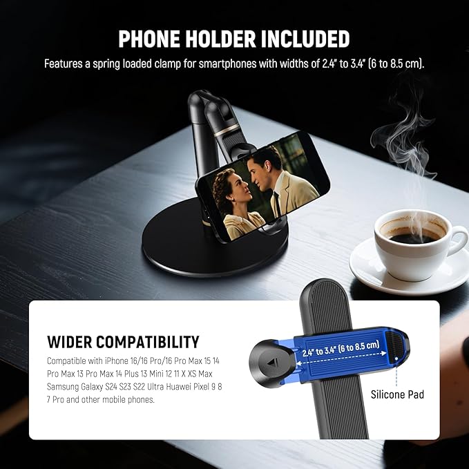 NEEWER Basics Cell Phone Stand for Desk, Adjustable Phone Holder Clamp with Weighted Metal Base, Office Table Phone Mount Compatible with iPhone 16 15 Pro Max Plus Samsung for Video Recording, ST006