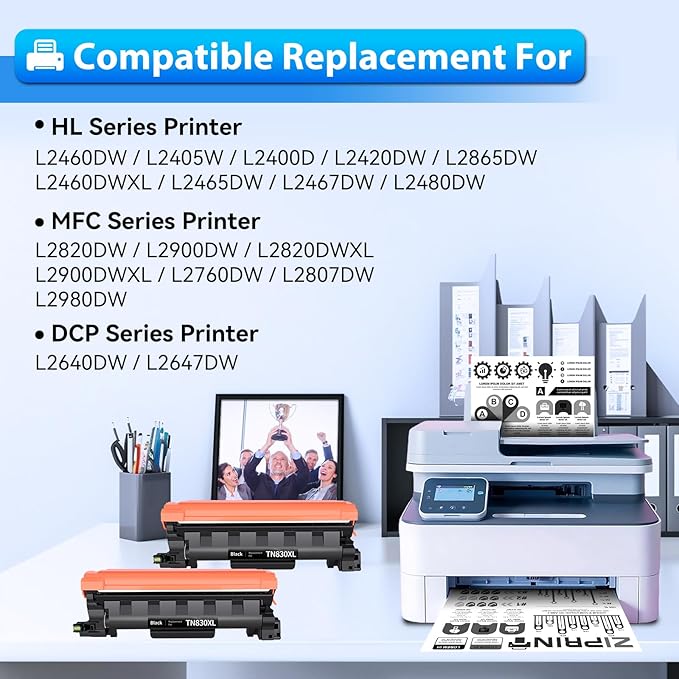 ZIPRINT TN830XL Toner 2 Pack(with chip) Compatible Replacement for Brother tn830 tn830xl tn830/xl/v tn-830xl Toner for HL-L2460DW DCP-L2640DW HL-L2405W MFC-L2820DW MFC-L2900DW HL-L2480DW Printer