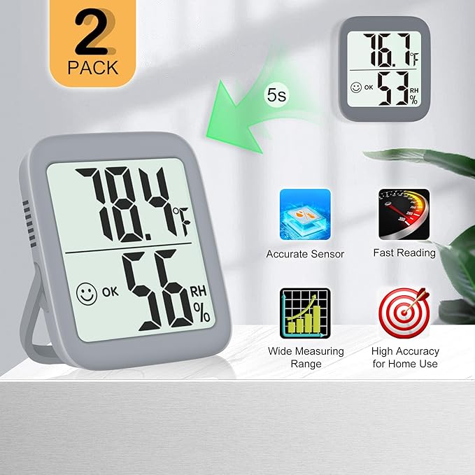 Antonki 2 Pack Room Thermometer for Home, Indoor Hygrometer Humidity Meter Gauge, Digital Temperature and Humidity Sensor Monitor for House, Terrarium, Incubator, Greenhouse - Battery Included