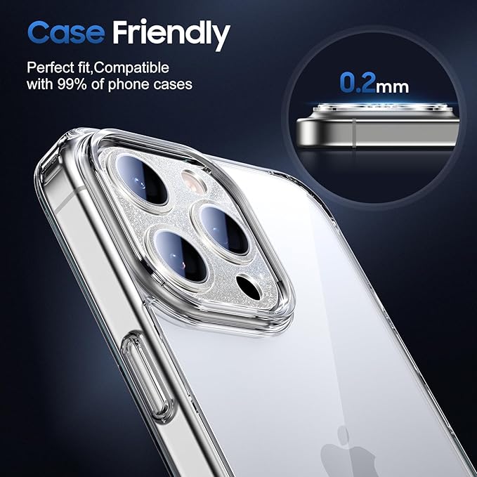 UniqueMe for 3 Pack iPhone 15 Pro/iPhone 15 Pro Max Camera Lens Protector, [Drop Protection] [Case Friendly] Camera Cover Screen [Update New Version] - Intergrated Glitter Silver
