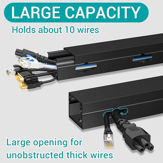 Cable Raceway - Magnetic Cable Management Under Desk with Upgraded Aesthetic Large Hole, Cord Organizer Kit for Hiding Computer, Gaming Desk, Network, Power Cord, TV - 4PCS 4x15.7in Black