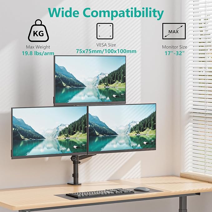 WALI Triple Monitor Mount for 17-32 Inch Screens, Full Adjustable 3 Monitors Desk Mount with Clamp & Grommet Base, Gas Spring Monitor Arm, up to 19.8lbs Each, VESA 75x75 100x100 mm (GSDM003XL), Black
