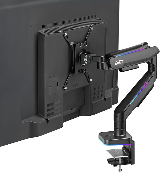 AVLT RGB Lights Single 17”-49” Gaming Monitor Arm Desk Mount, Fits One Flat/Curved/Ultrawide Screen up to 44lbs(20kg), Height Swivel Tilt Adjustable Stand - Black