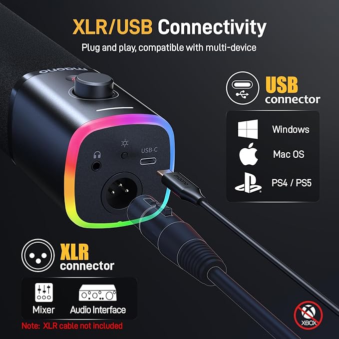 MAONO USB/XLR Dynamic Microphone for Gaming Streaming,Computer PC Microphone with Software-RGB, Mute Button, 48kHz/24bit Podcasting Desktop Mic for YouTube Video Recording PD100X