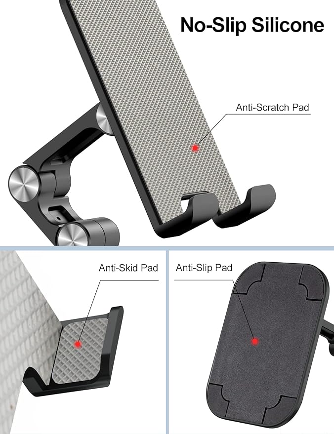 OCYCLONE Phone Stand, Adjustable Height and Angle Foldable Cell Phone Stand Holder for Desk, Taller iPhone Stand Compatible with 4.7"-13" Smartphones iPad Tablet, Black