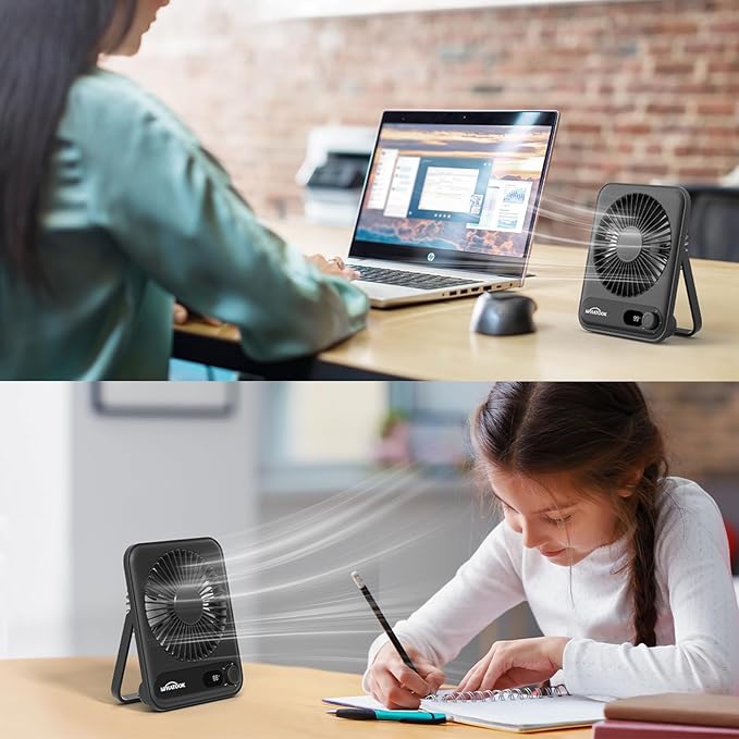 WHATOOK Small Desk Fan Personal Fans: 5000mah 25 Hours Battery Office Quiet Mini Desktop Fan Portable Rechargeable Travel Essentials (Black, 5000)