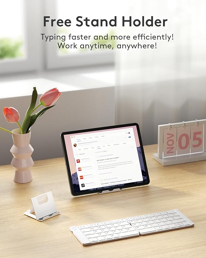 Samsers Foldable Bluetooth Keyboard - Portable Wireless Keyboards with Stand Holder, Rechargeable Full Size Ultra Slim Folding for iOS Android Windows Smartphone Tablet and Laptop, White-Pink