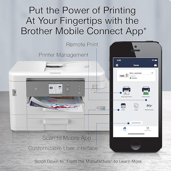 Brother MFC-J4535DW INKvestment -Tank All-in-One Color Inkjet Printer with NFC, Duplex and Wireless Printing Plus Up to 1-Year of Ink in-Box, White