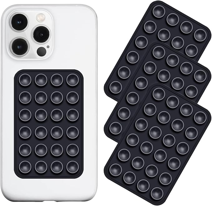 Silicone Suction Phone Case Mount 3 Pack, Silicon Adhesive Suction Cup Phone Mount, Non Slip Sticky Phone Grip for Cellphone, Strong Grip Holder for Selfies and Videos (Black)