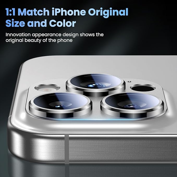 Uyiton Compatible with iPhone 16 Pro/iPhone 16 Pro Max Camera Lens Protector - [Not Easy to Break][Strong Adsorption][Case-Friendly] Metal Tempered Glass Rear Camera Screen Cover - White Titanium