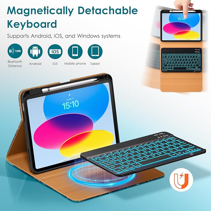 DTTO for iPad 11th (A16)/ 10th Generation Case with Keyboard (2025/2022), 7 Colors Backlit Wireless Detachable Keyboard Leather Folio Cover with Pencil Holder & Pocket, Sandy Wave
