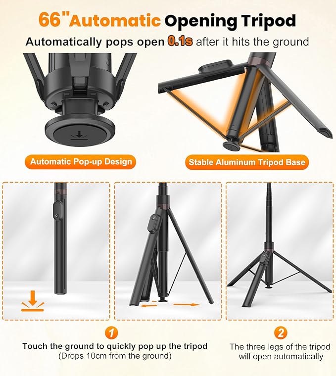 TONEOF 66" Automatic Tripod,Auto-Open Phone Tripod Stand with Magnetic Rechargable Remote,Selfie Stick Tripod 360° Vertical & Horizontal Rotatable,Stable Travel Tripod for iPhone/Android(Black)