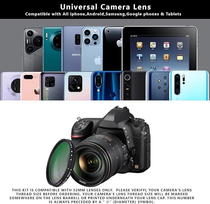52MM Clip-on Variable ND2-32(1-5 Stops) Phone Lens Filter Kit, Ultra Slim Multi-Coated Adjustable Neutral Density Filter, Compatible for iPhone 16 15 14 13, Google Pixel and Other Smart Phones