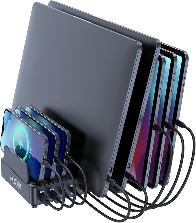 chipofy 500W Charging Station for Multiple Devices, 10-Port Multi USB C Fast Charger Station with Organizer Stand for MacBook Laptop, iPad, iPhone 16 15 Pro Max, Galaxy S25/S24 and More