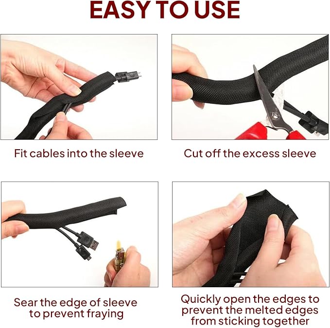 Black Braided Cable Management Sleeves Wire Loom Tubing Cord Protector Self-Wrapping (3/8"-30Feet)