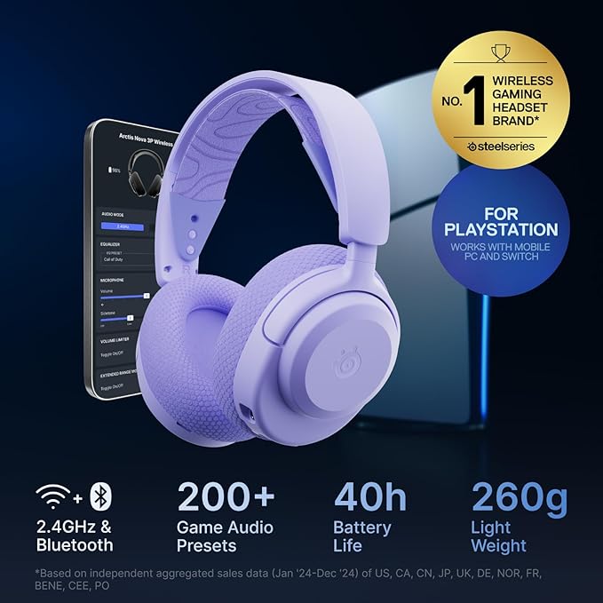 SteelSeries Arctis Nova 3P Wireless Multi-Platform Gaming Headset — Mobile App Control — 40 HR Battery — Neodymium Magnetic Drivers — 2.4GHz/Bluetooth — PS5, PS4, PC, Switch, Mobile — Lavender