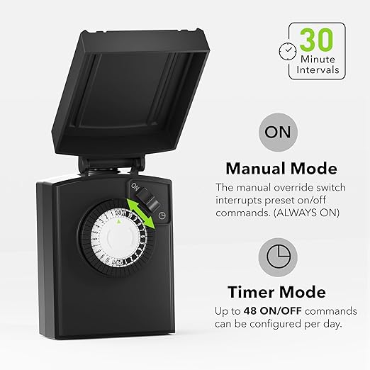 BN-LINK 24 Hour Heavy Duty Mechanical Timer, Outdoor Timer Outlet Waterproof with 30 Minutes Intervals, 2 Grounded Outlets for Christmas Lights Pool Pump,15A 1/2HP, ETL Listed(2 Pack)