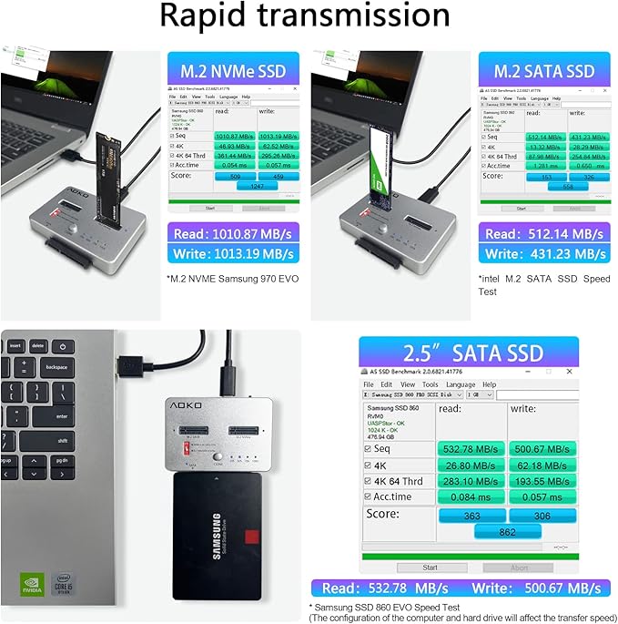 AOKO M.2 NVMe to M.2 SATA and 2.5”/3.5” SSD/HDD Clone Docking Station, USB-C 10Gbps Hard Drive Reader & Two-Way Offline Cloning Dock for M.2 SATA NVMe SSD +2.5/3.5 SATA Hard Drive Duplicator