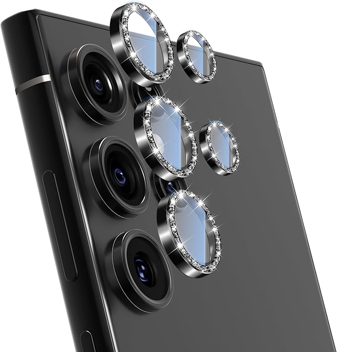 For Samsung Galaxy S24 Ultra Camera Lens Protector, Individual Lens Protector, Ultra HD 9H Tempered Glass Screen Protective Cover, Anti-scratch, Military Grade Drop Protection 2 Set. (Glitter Black, S24 Ultra)